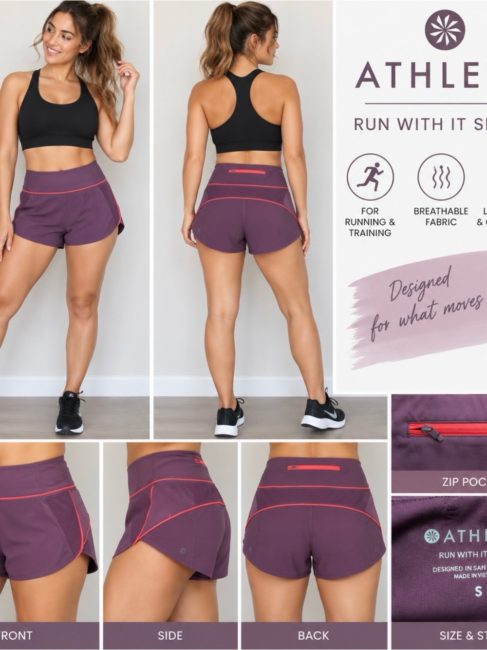 Athleta Run With It Shorts Women’s Small Purple Running Athletic Zip Pocket
